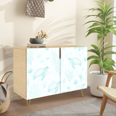 Buffet étroit de 35,4 po de largeur - armoire de rangement d'appoint à 2 portes avec tortues créatures de la mer vagues art mer sans soudure pour impression et pieds en métal