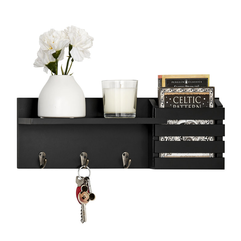 Speight Wall Mail Organizer with Key Hooks, Black