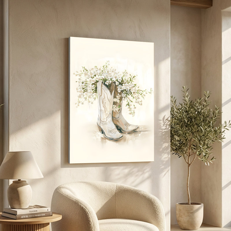 «Boho Western», bottes de cowboy blanches et toile tendue - 24 x 36 x 1