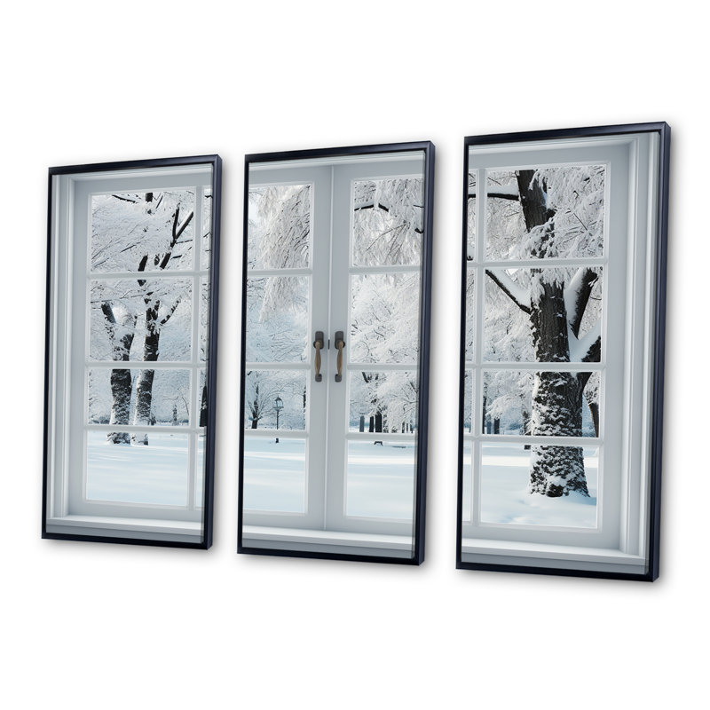 Winter Forest Window Views I - Winter Landscape, art mural, H 28 po x l 36 po x P 1 po, Cadre flottant noir