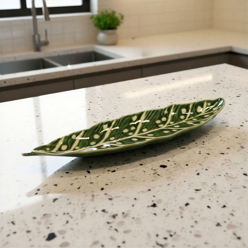 Stoneware Leaf-Shaped Plate With Wax Relief Design