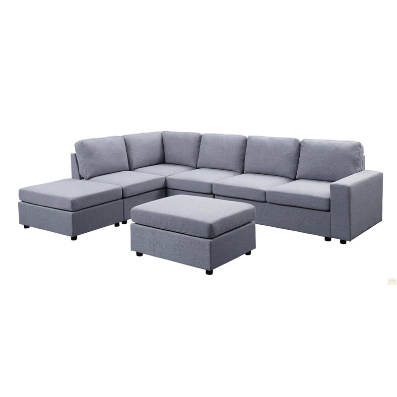Canapé modulaire réversible en lin gris clair 7 places avec repose-pieds Cassia