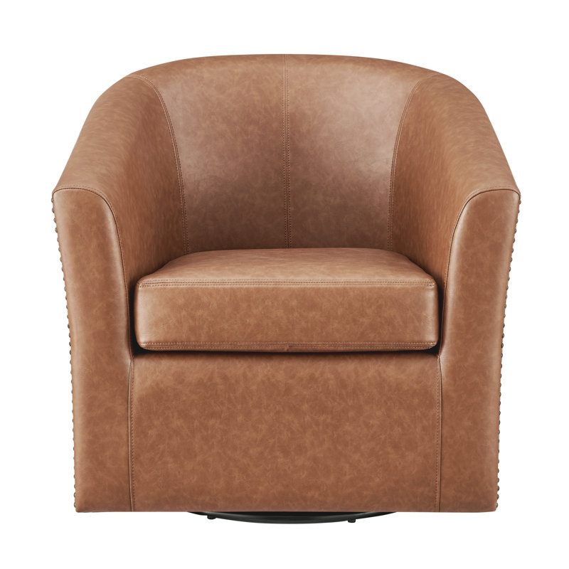 Rabinowitz Upholstered Swivel Barrel Chair, Brown Faux Leather