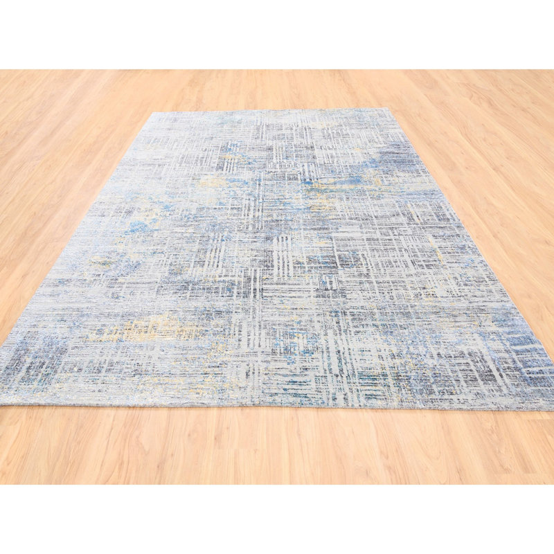 Tapis noué à la main 8 pi 1 po x 10 pi gris avec touches de laine et de soie bleues et jaunes E39BE8FE7B334BA0AC5FF86B08F25C76