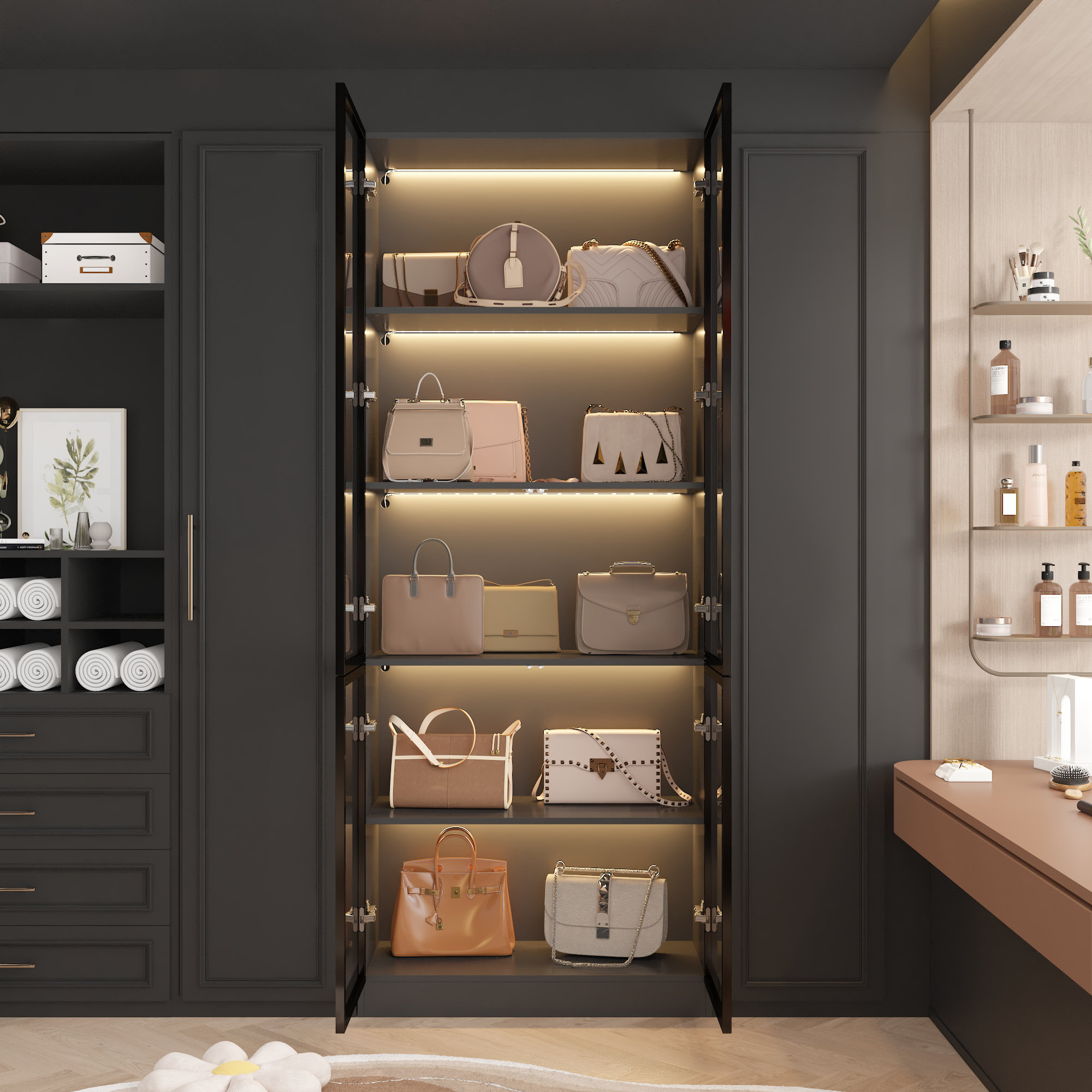 Closet System With Five Shelves And Light And Tempered Glass Door