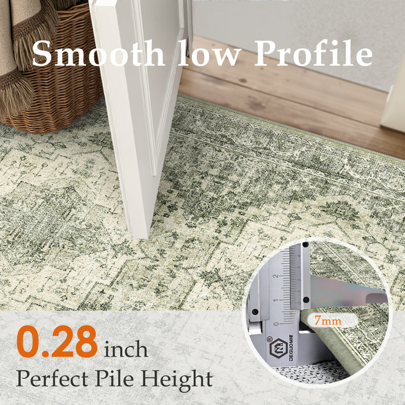 Elaine Machine Washable Vintage Area Rug With Non-Slip Backing, Rectangle 9' x 12', Green, 0.28"