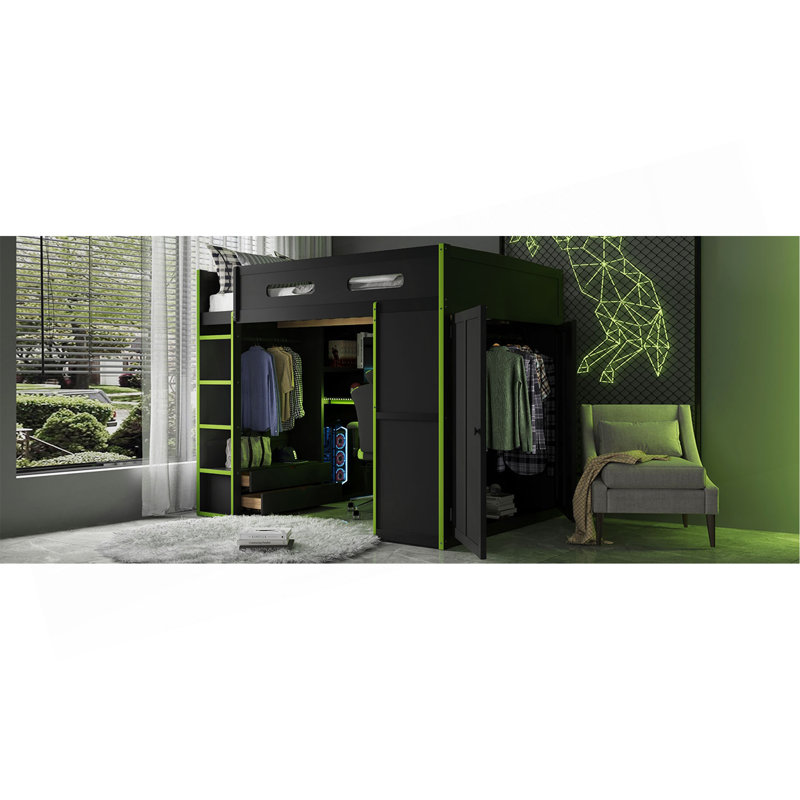 Lit mezzanine double en bois avec bureau, garde-robe, grand espace de rangement et lumière DEL RVB, Vert