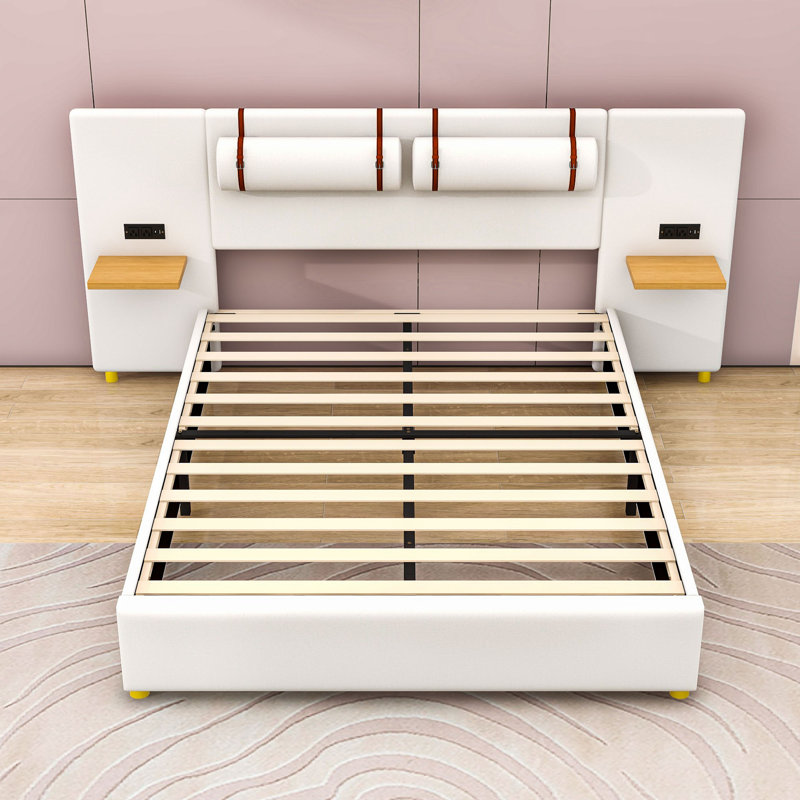 Lit plateforme tapissier avec prises intégrées et port USB et tablettes, Beige, Grand