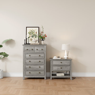 Ensemble de commode de chambre 2 pièces - commode 6 tiroirs et table de chevet 2 tiroirs l 26,7 "avec station de charge et tablette ouverte, gris délavé