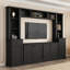 Meuble télé pour téléviseurs de 75 pouces, noir, avec grand espace de rangement et hauteur réglable, style moderne.