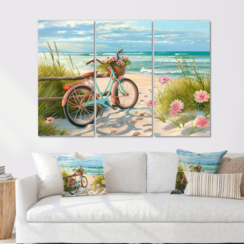 Vélo bleu sur le sentier côtier floral II - ensemble de décoration murale bord de mer, Métal métal