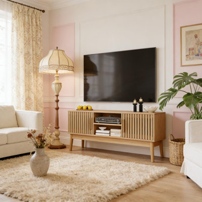 Boho TV Stand for TVs Up to 50 Inch with Fluted Cabinet and Open Shelves for Home