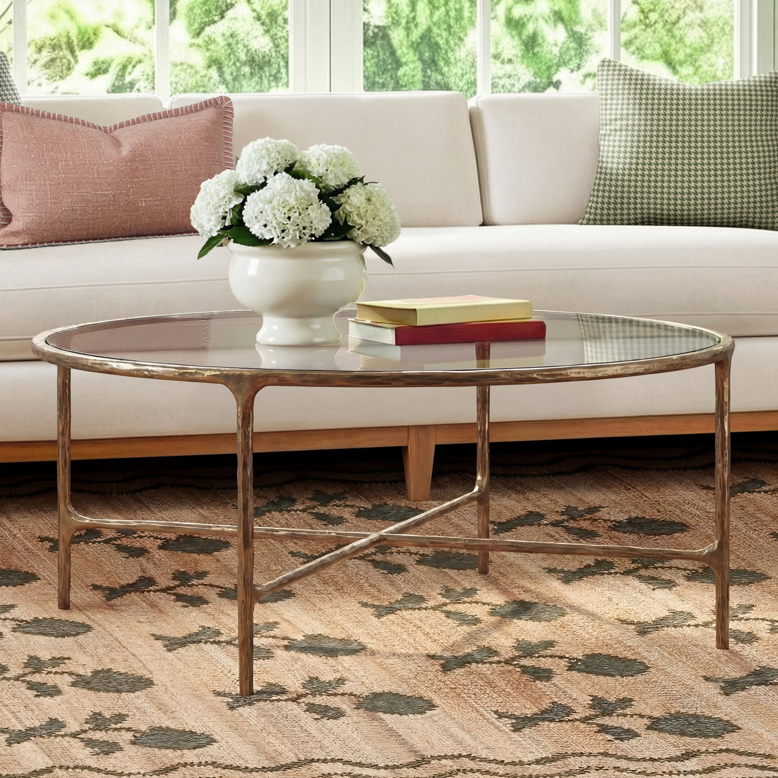 Evelynn 36" Genuine Marble Coffee Table, Brass, Clear, Glass