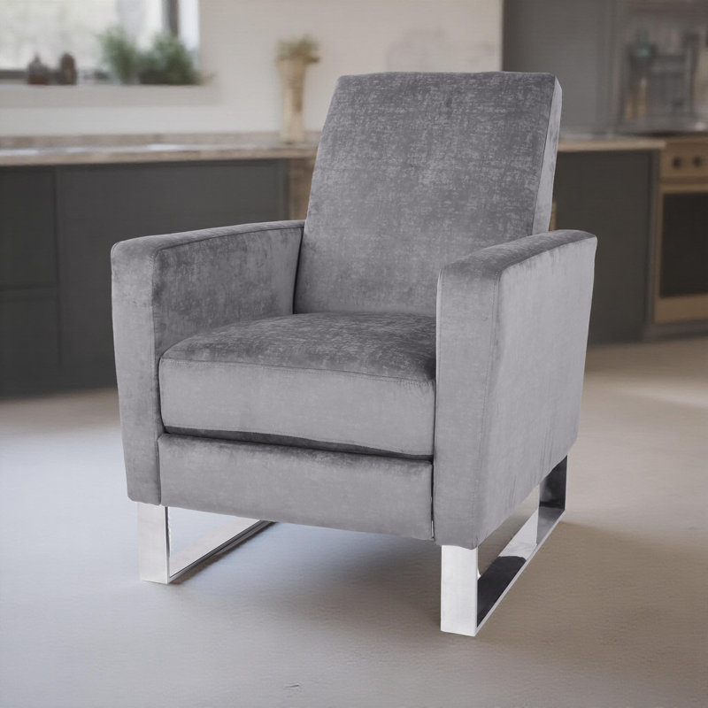 Reki Push Back Manual Recliner Chair, Stainless Steel Legs, Gray, Gray Fabric