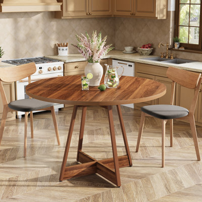 Round Dining Table for 4, 39.4" Farmhouse Style Dining Table with Wooden Reinforced Base, Suitable for Kitchen, Living Room, Walnut by Ophelia & Co.