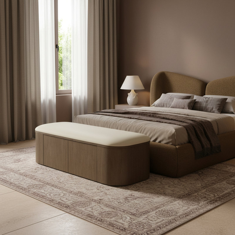 Banc de rangement en cuir Velden, Crème, Brun