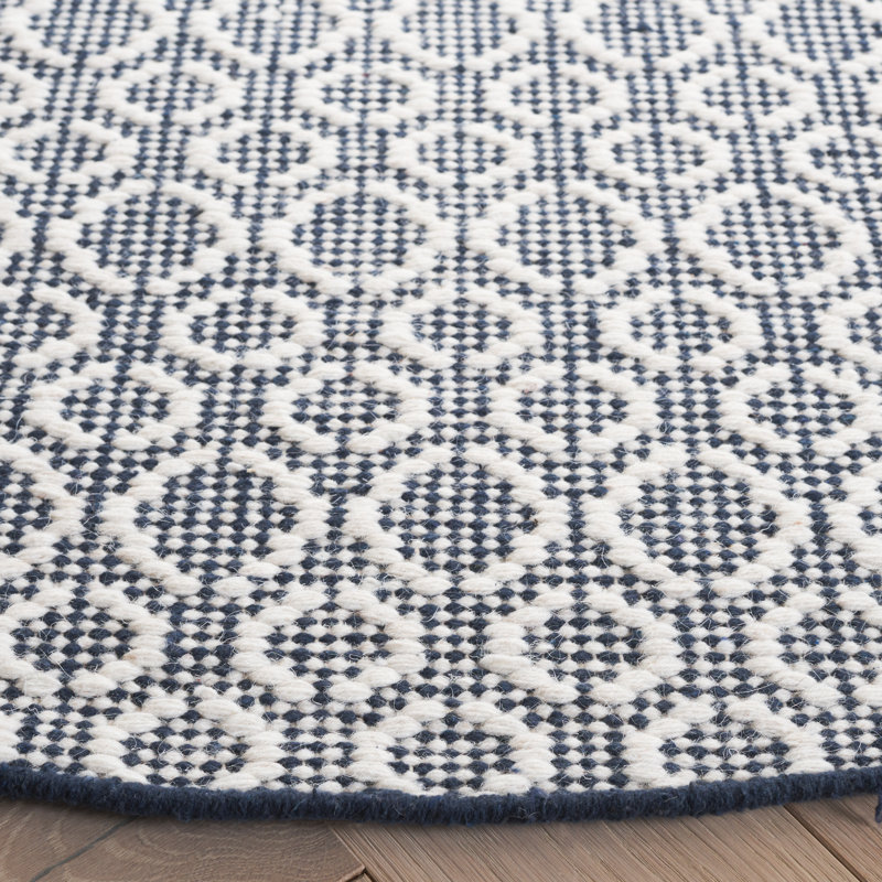 Palbo Flat Weave Wool/Cotton Geometric Rug in Ivory/Navy, Round 6'