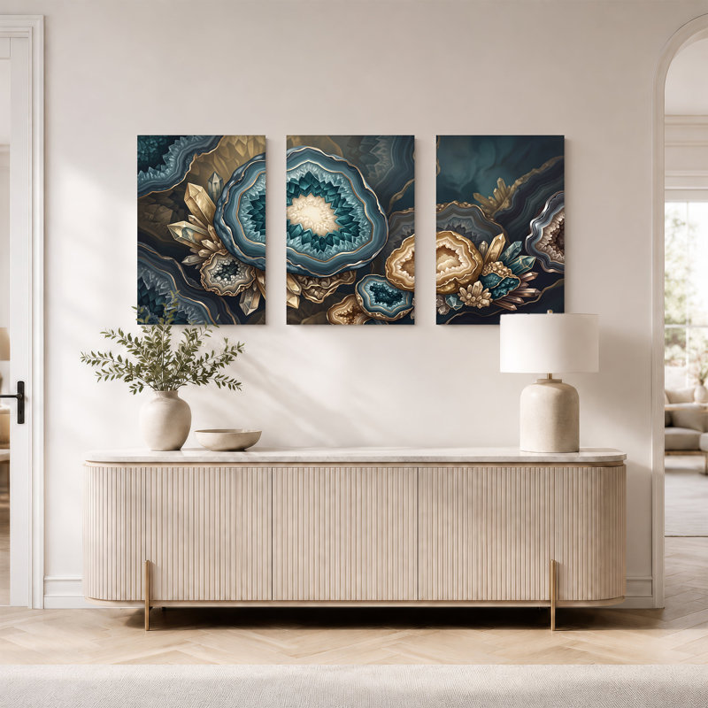 Ensemble de 3 toiles bleu sarcelle et or avec cristaux de géode, H 36 po x l 24 po x 3 pièces
