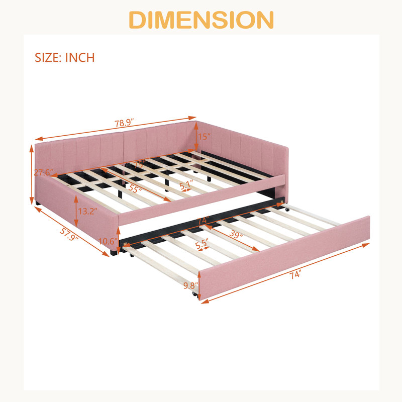 Upholstered Daybed With Sofa Bed Frame No Box Spring Needed, Linen Fabric, Pink
