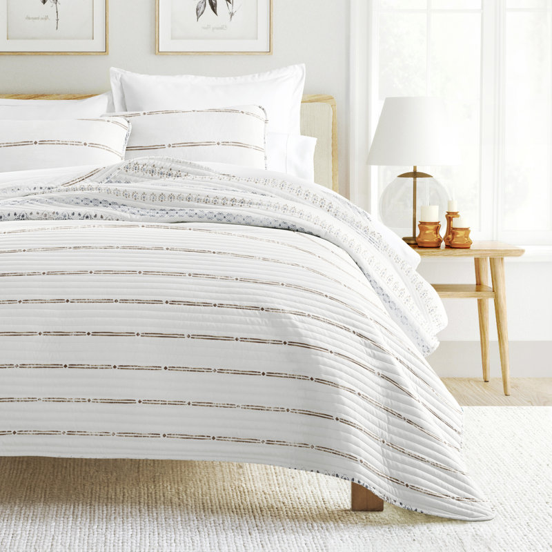 Quilt Set - Lightweight - All Season Quilted Coverlet - Relic Stripe Taupe, King/Cal-King Quilt + 2 King Shams