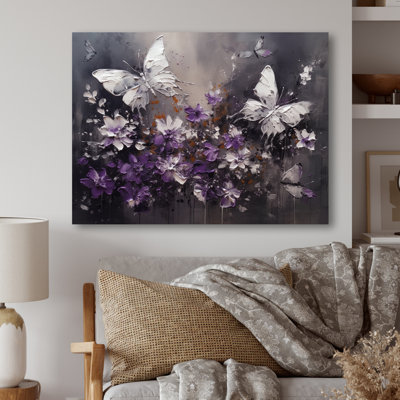 Ryuzo Purple And White Butterfly Wings And Flowers On Canvas Print
