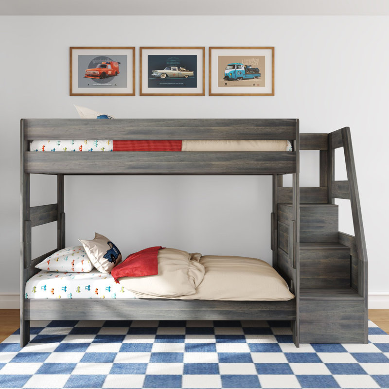 Modern Farmhouse Bunk Bed With Staircase, Driftwood, Twin Over Twin