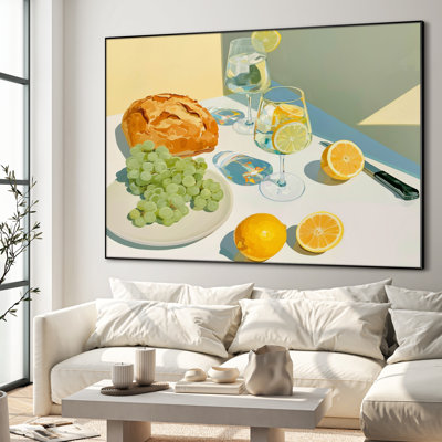 Très grande reproduction d'art sur toile - Nature morte au citron et au pain avec verres à vin Scène de cuisine moderne pour le salon ou la chambre à coucher «Assemblage requis du cadre (cadre non fini)»