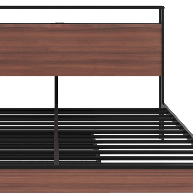 Base de lit plateforme moderne avec lit gigogne, ports USB intégrés et support à lattes, Noir, Grand lit