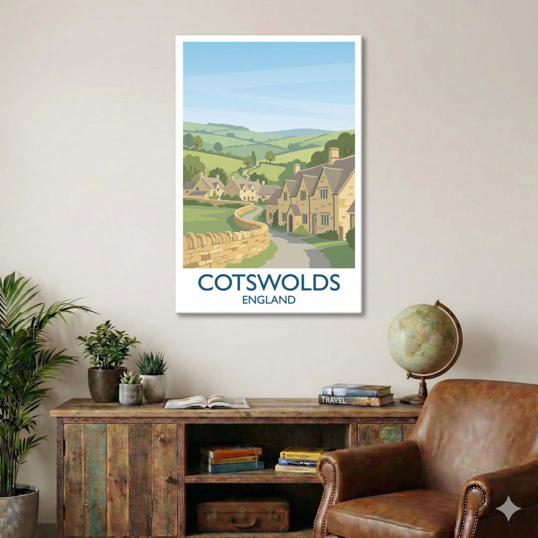 Cotswolds, England - Romantic Travel Poster Of Honey-Colour Villages And Rolling Hills. GiclÃ©e Print On Wrapped Canvas. Wall Art, Home Decor - Region