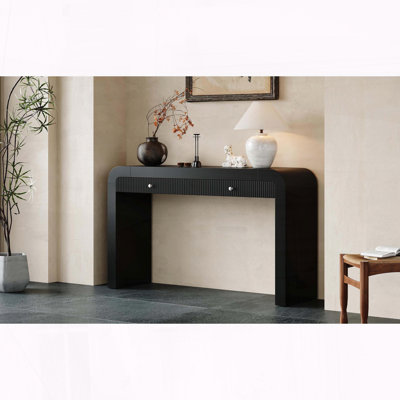 Rustic Console Table with Fluted Drawer Front and Thick Legs (Black)