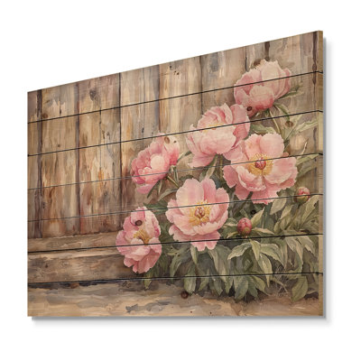 Ferme pivoines par le poulailler I - décoration murale en bois de pivoines - sur bois de pin naturel
