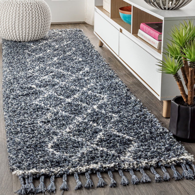 Cantera Shag Plush Tassel Moroccan Tribal Geometric Trellis Denim Blue/Cream Rug, Runner 2'3" x 8'