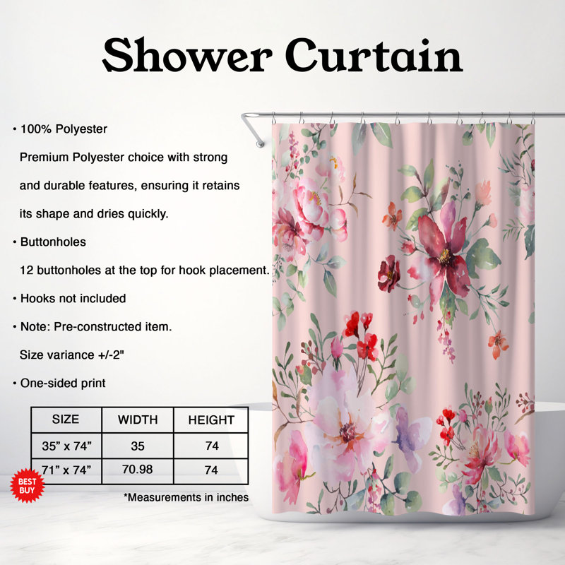 Rideau de douche 1 pièce Graceful Bloom, H 74 po x l 71 po
