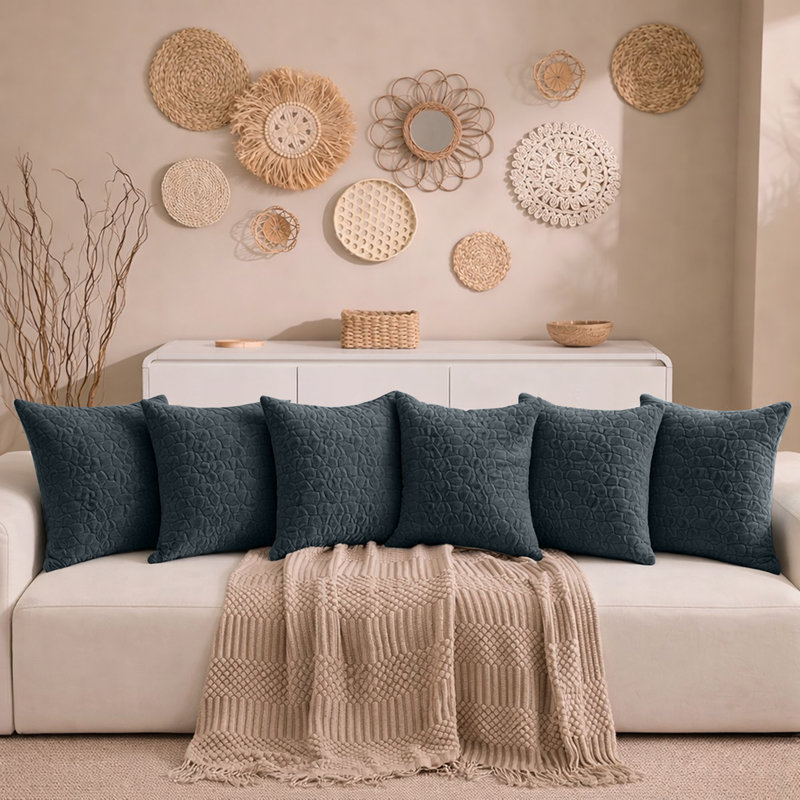 Aspire Homeware Geometric Square Velvet Cushion Covers, Charcoal, Pack of 6