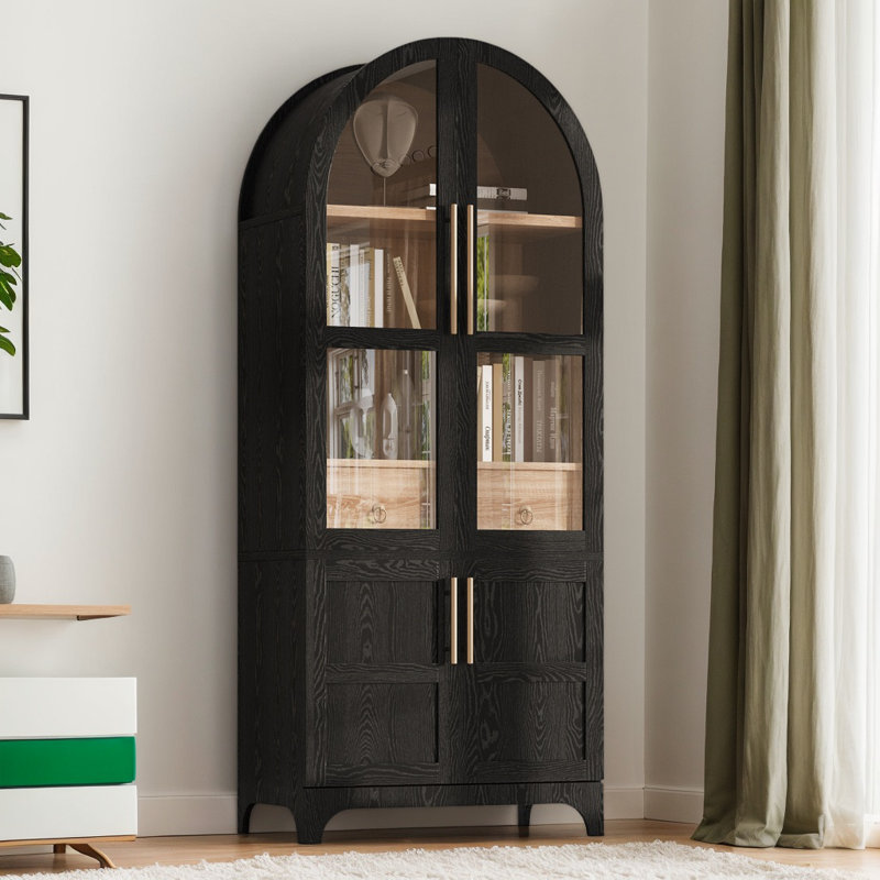 71" Tall Freestanding Kitchen Pantry Cabinet, Arched Buffet Cabinet With 4 Doors, Adjustable Shelves, Hidden Drawer And Glass Door, For Kitchen, Dining Room