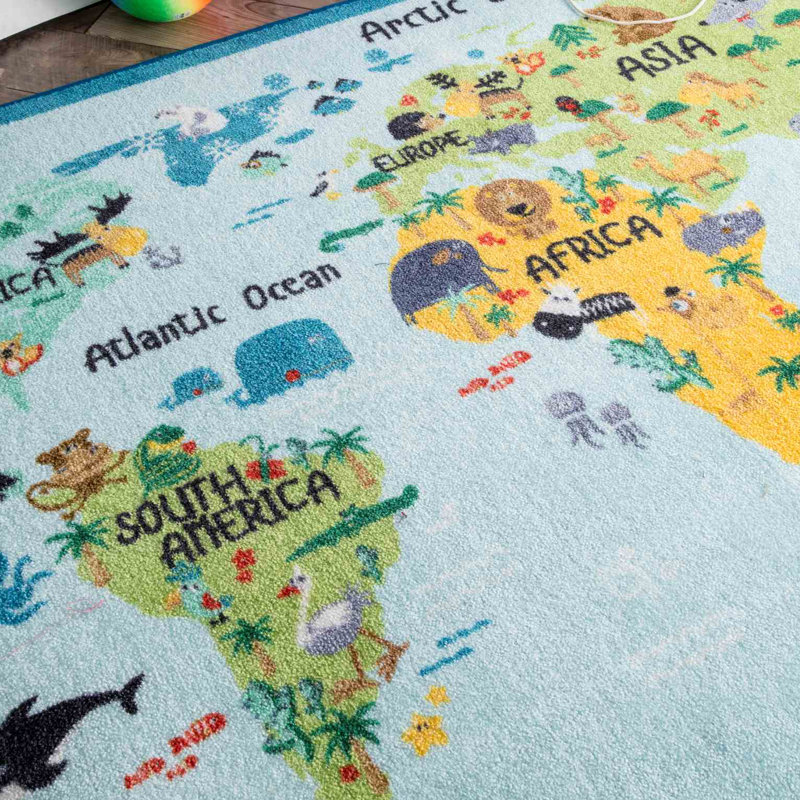 Tapis mappemonde animale bleu/vert pour enfants Rhea, Rectangle 3 pi 3 po x 5 pi