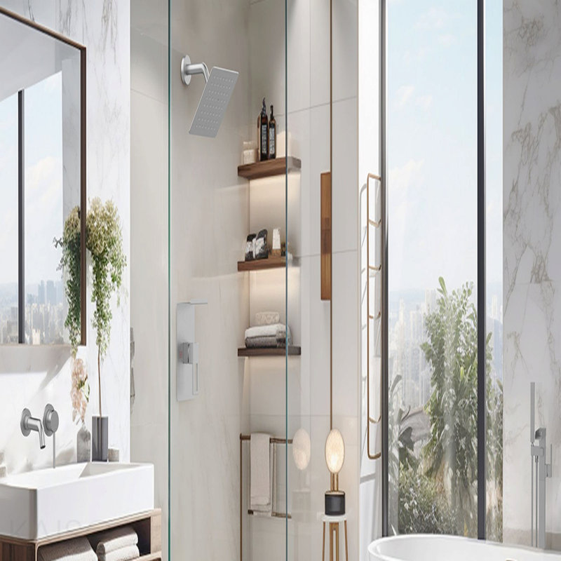 Robinet de douche avec support de rangement Ensemble de décoration de pomme de douche à pluie de 8 pouces avec pomme de douche à jet simple Ensemble complet de nickel brossé