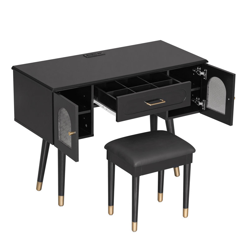 Elegant Vanity Makeup Table & Chair Set, Modern Dressing Table With Organizer, Writing Desk, Charging Port, Black