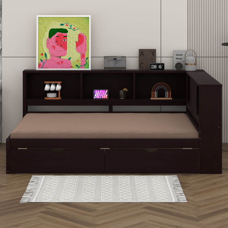 Grand lit de jour en bois en forme de L avec 2 tiroirs et tablettes de rangement, structure de lit d'angle peu encombrante