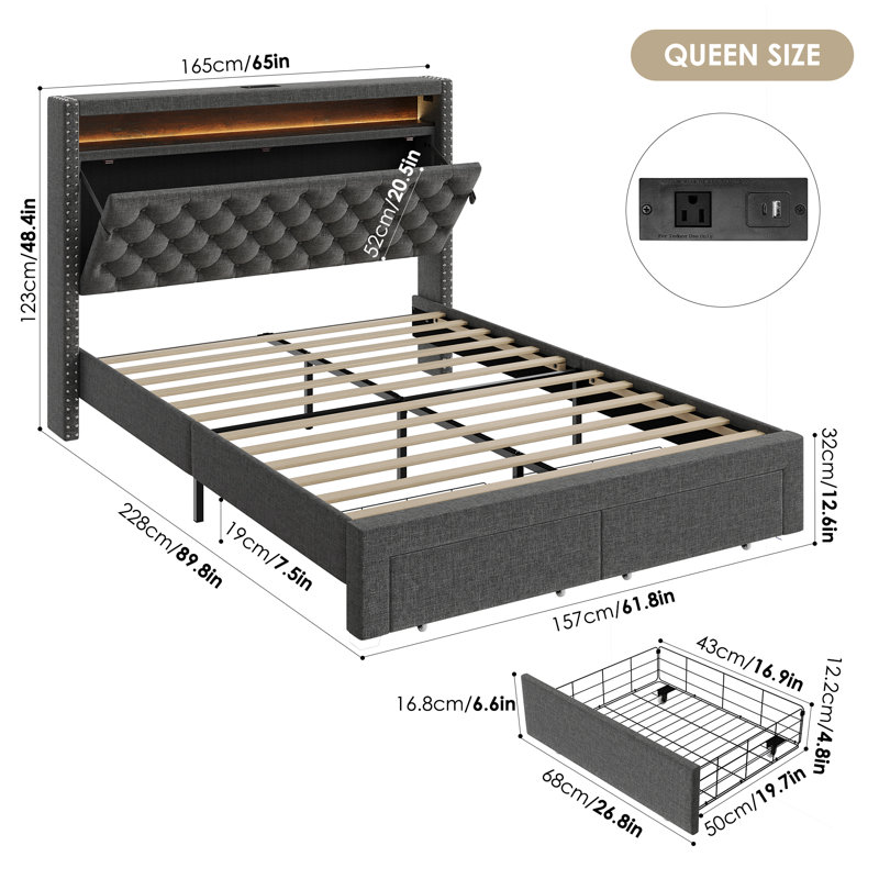 Storage LED Headboard with Charging Station Bed Frame