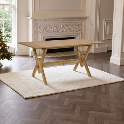 63" Double V Farmhouse Dining Table, Engineered Wood Top Solid Wood Legs,Seats 6