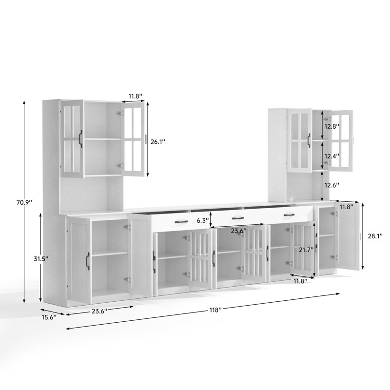 White Entertainment Center With Glass Door Hutch,118" W X 70.9" H Freestanding TV Console With Storage Drawers & Closed Cabinets | For Tvs Up To 75" Media Wall Unit