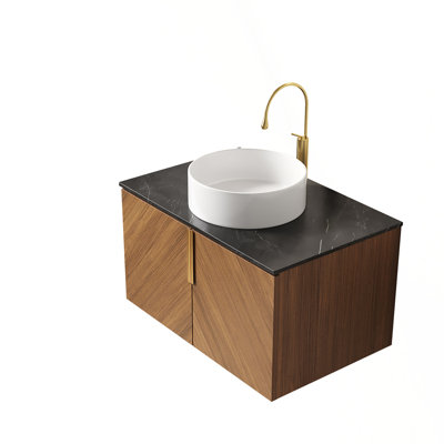 Meuble-lavabo moderne avec lavabo et rangement, conception murale pour une décoration de salle de bain compacte et élégante.