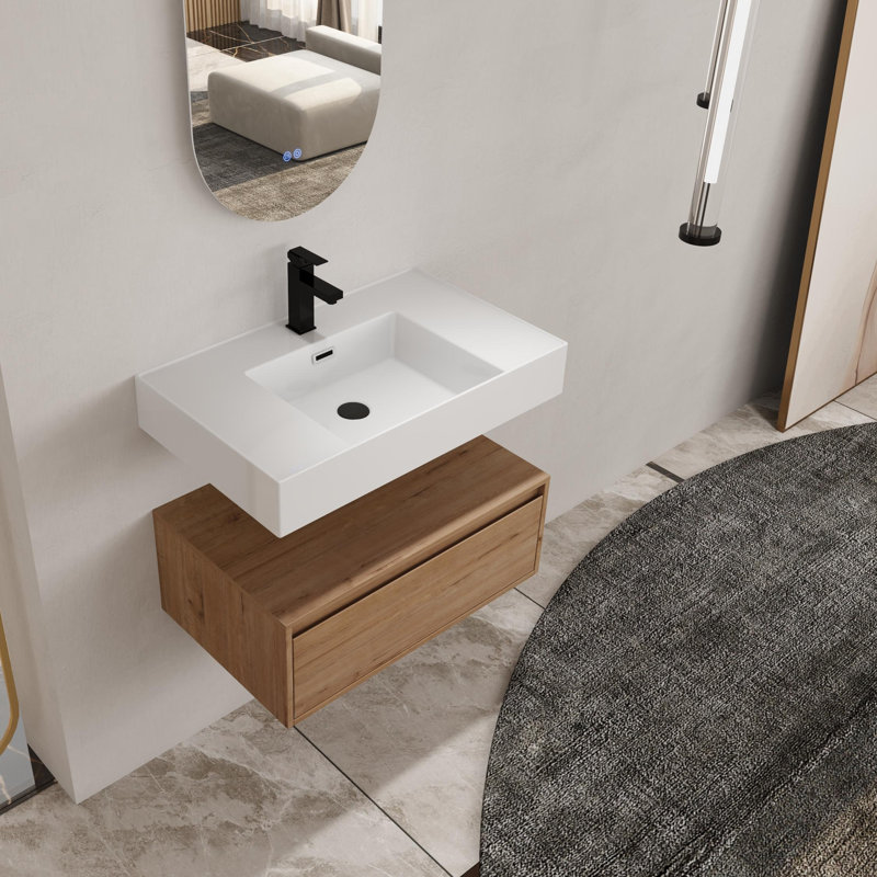 Meuble-lavabo mural de 30 po avec lavabo en résine, tiroir à fermeture en douceur et fixation à flotteur 