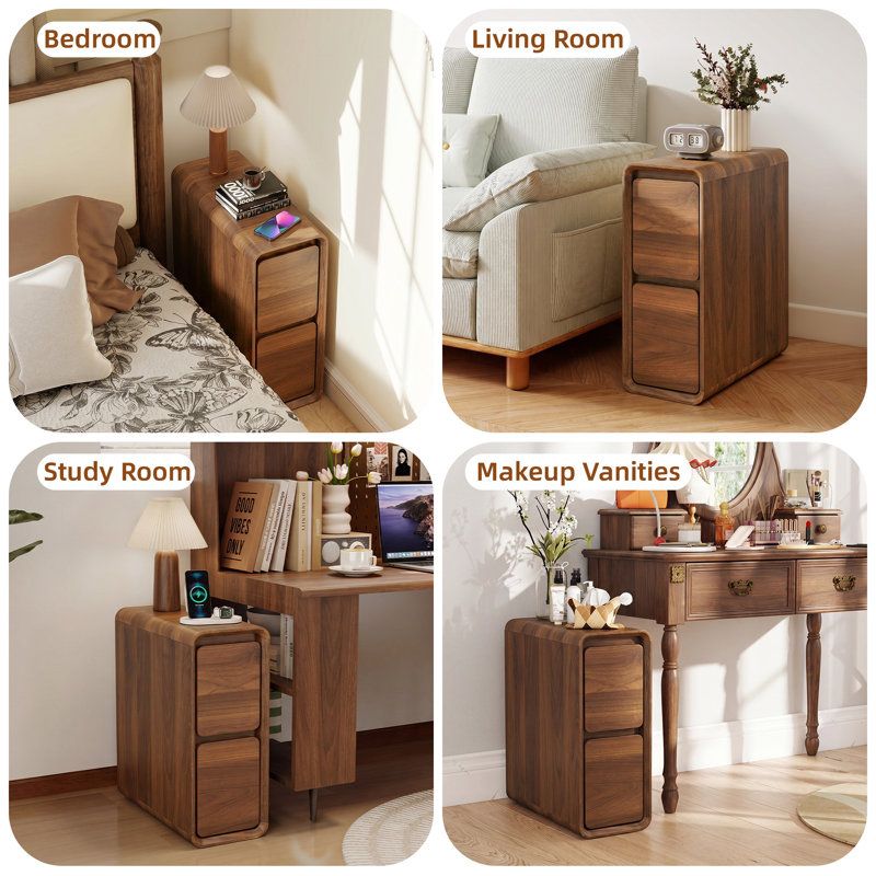 Table d'appoint étroite avec 2 tiroirs (lot de 2), Brun, 2