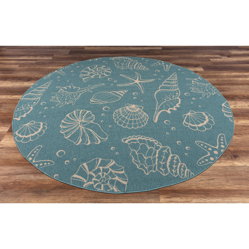 Tapis intérieur / extérieur bleu Hollar Shells, Rond 6 pi 7 po