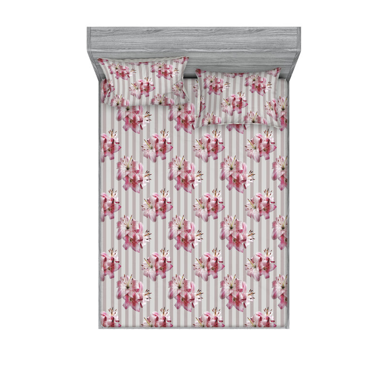 Ambesonne Fitted Sheet & Shams, Queen Sheet Set with 2 Pillowcases, Pink/Mauve/Eggshell Flower