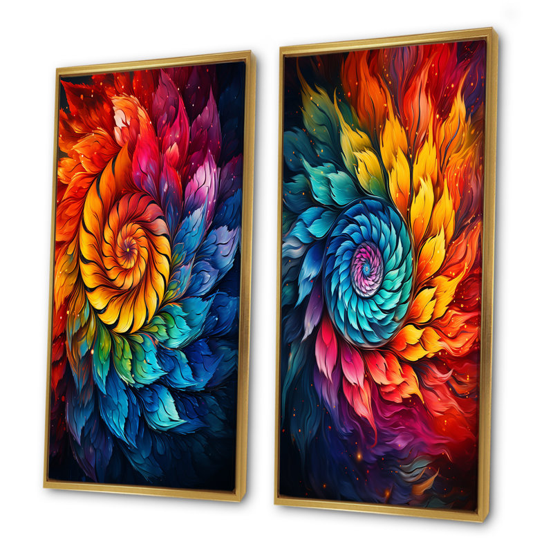 Fractal Colorfulfloral Spiral I - Abstract Spirals, ensemble de 2 impressions sur toile, Cadre flottant doré