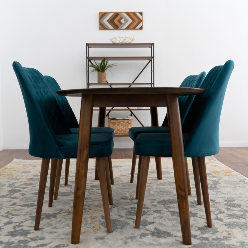 Gimpel 5 - Person Solid Wood Oval Dining Set with Velvet Upholstered Chairs, Brown, Teal