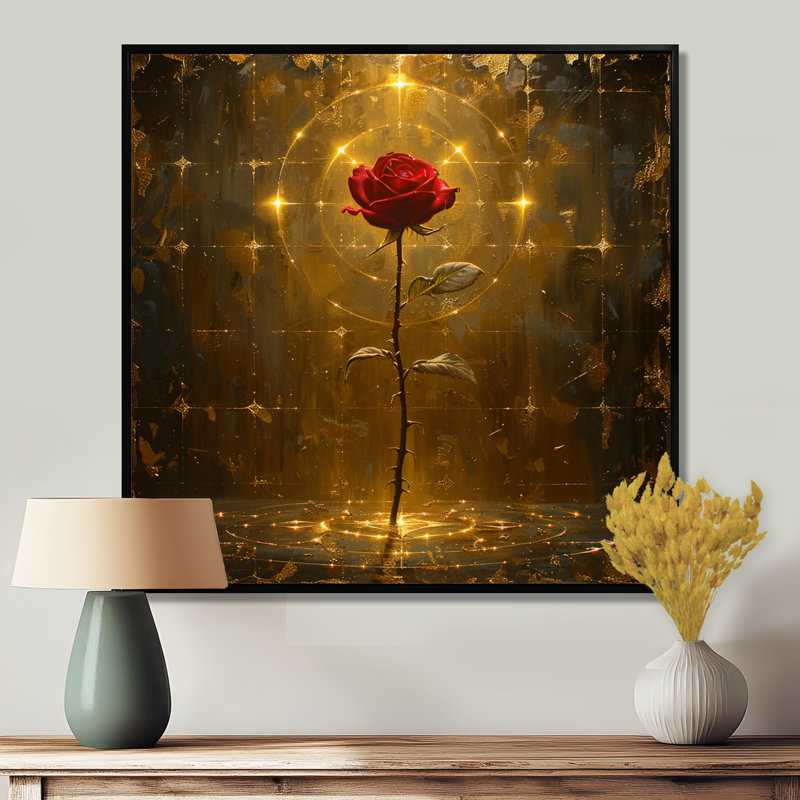 «Celestial Red Rose Magical Gold» - art mural rose, Toile avec cadre flottant noir, H 16 po x l 16 po x P 1 po